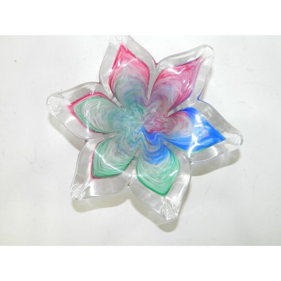 Hand-Blown Glass Star Shaped Bowl With Multicolor Swirls Votive Candle Trinket - Picture 3 of 9